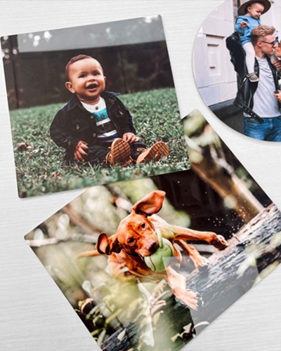 Custom Metal Prints with Dog and Baby Photos on Display